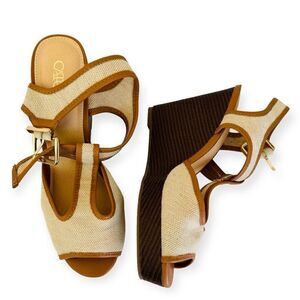 CATO Tan Linen Wedge Sandals Size 8.5 Wide